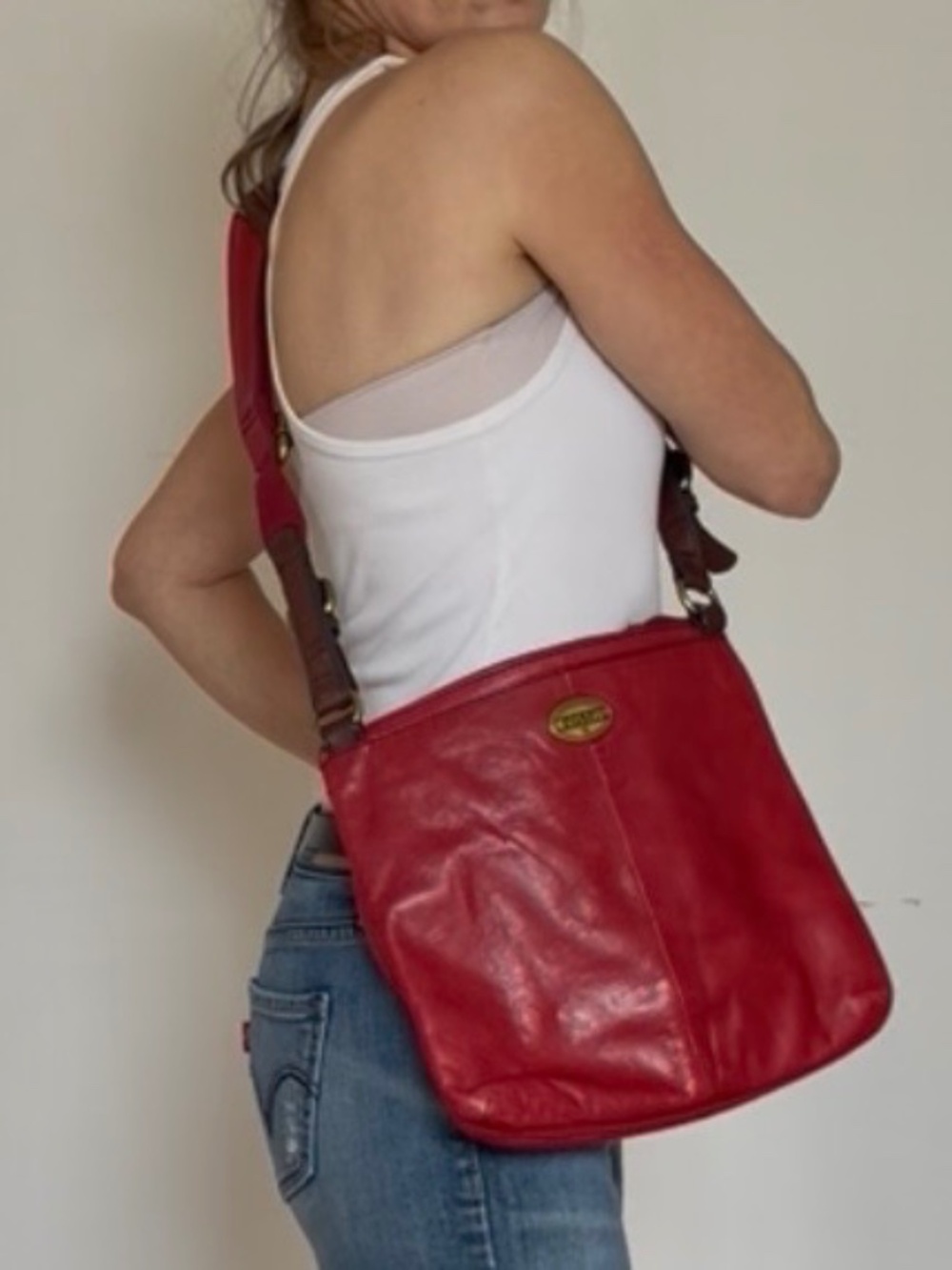 Vintage Fossil Red Leather Crossbody Brass Hardware
